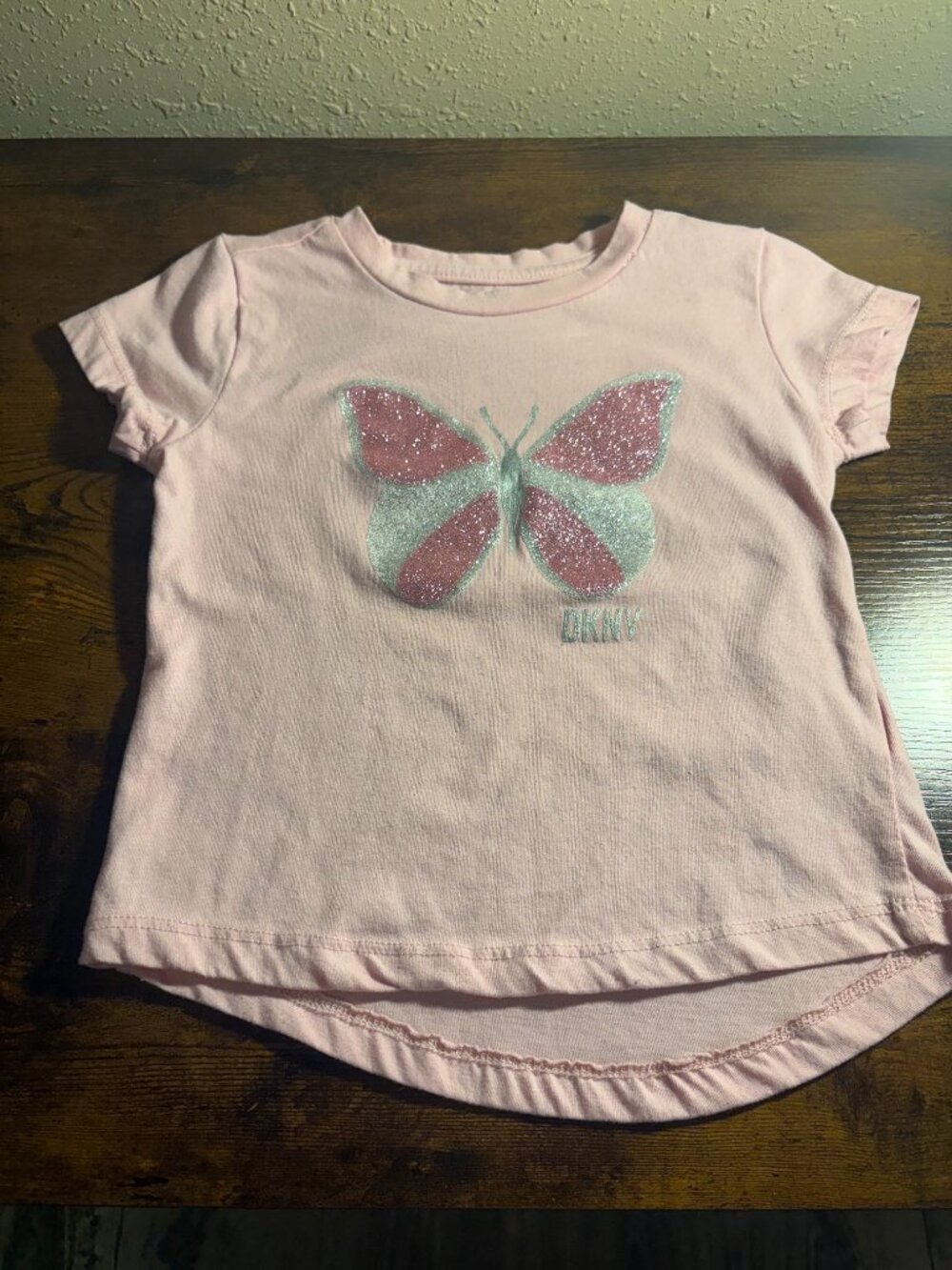 DKNY Girls Pink Glitter Butterfly Graphic Short Sleeve T-Shirt